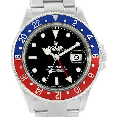 The image shows the face and bezel of a Rolex GMT-Master 16710 Men's Stainless Steel Black Dial 16710 Men's Stainless Steel Black Dial II watch, with a clear view of its red and blue "Pepsi" bezel.