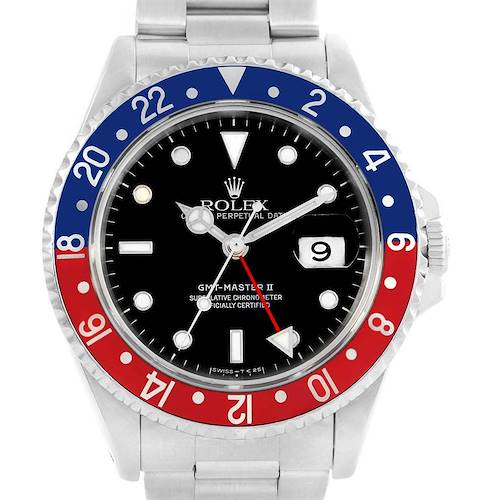 The image features a front view of the Rolex GMT-Master 16710 Men's Stainless Steel Black Dial 16710 Men's Stainless Steel Black Dial II watch, displaying the bezel, dial, hands, and part of the bracelet.