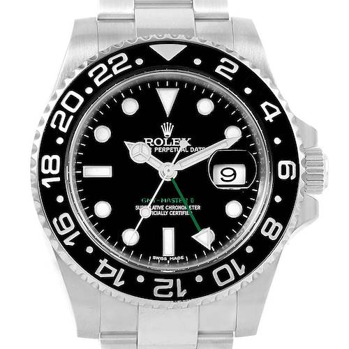 The image shows a front view of a Rolex GMT-Master 116710 Men's Stainless Steel Black Dial 116710 Men's Stainless Steel Black Dial II watch, highlighting its black dial, bezel, and Oyster bracelet.