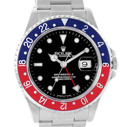 The Rolex GMT-Master 16710 Men's Stainless Steel Black Dial 16710 Men's Stainless Steel Black Dial watch is shown from the front, displaying its bezel, face, dial, hands, and bracelet.
