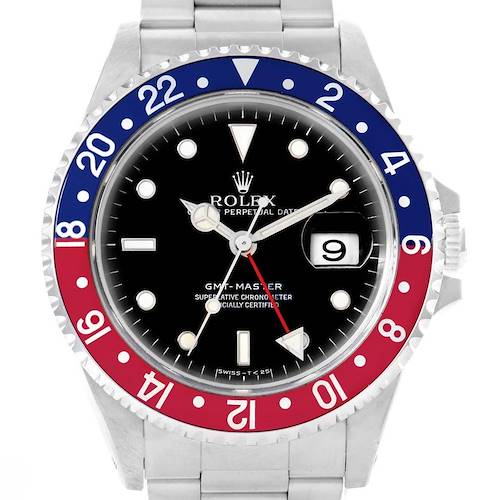 The image shows a frontal view of the Rolex GMT-Master 16700 Men's Stainless Steel Black Dial 16700 Men's Stainless Steel Black Dial watch, displaying its bezel, dial, and part of the bracelet.