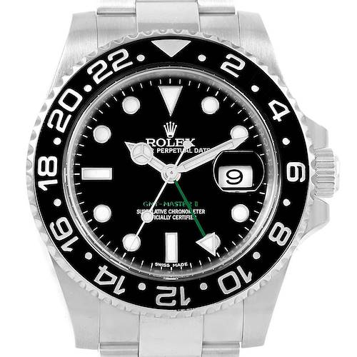 The Rolex GMT-Master 116710 Men's Stainless Steel Black Dial 116710 Men's Stainless Steel Black Dial watch is shown from a front angle, highlighting its dial, bezel, hands, and bracelet.