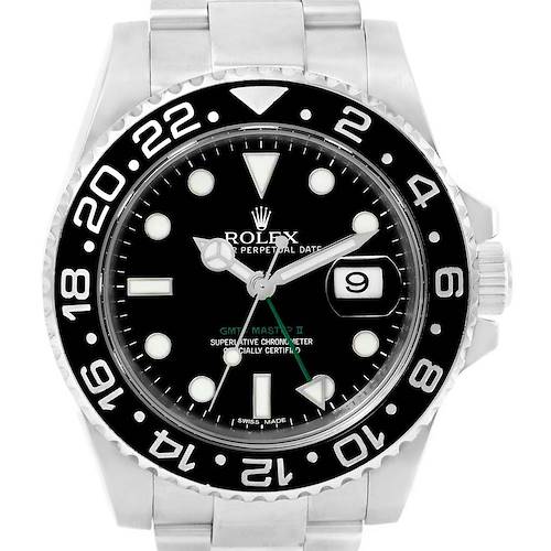 The image shows a Rolex GMT-Master 116710 Men's Stainless Steel Black Dial 116710 Men's Stainless Steel Black Dial II watch from a front angle, highlighting the dial, bezel, hands, and bracelet.