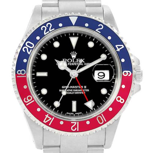 The image shows a front view of the Rolex GMT-Master 16710 Men's Stainless Steel Black Dial 16710 Men's Stainless Steel Black Dial II watch, highlighting its bezel, dial, and bracelet.
