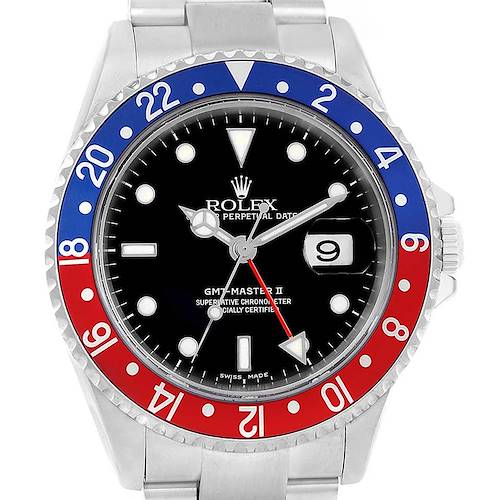 The image shows a frontal view of a Rolex GMT-Master 16710 Men's Stainless Steel Black Dial 16710 Men's Stainless Steel Black Dial II watch, featuring a black dial and a red and blue bezel.