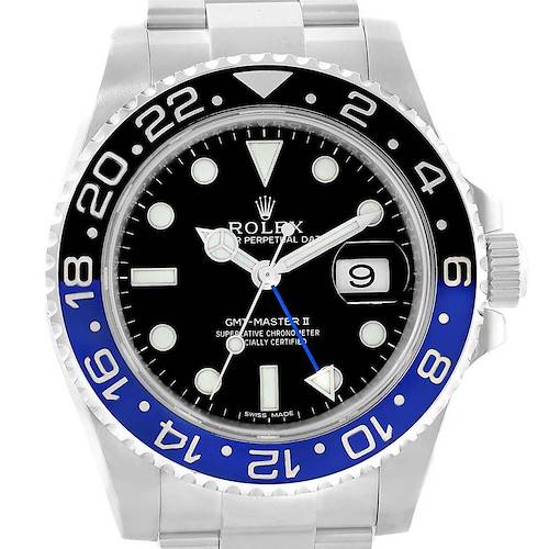 The image shows a frontal view of the Rolex GMT-Master 116710 Men's Stainless Steel Black Dial 116710 Men's Stainless Steel Black Dial II, focusing on its dial, bezel, and bracelet.