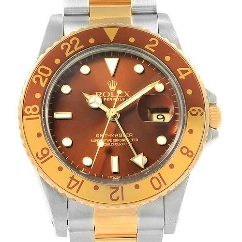 The image shows a front view of the Rolex GMT-Master 16753 Men's Stainless Steel Brown Dial 16753 Men's Stainless Steel Brown Dial watch, highlighting the dial, bezel, and part of the bracelet.