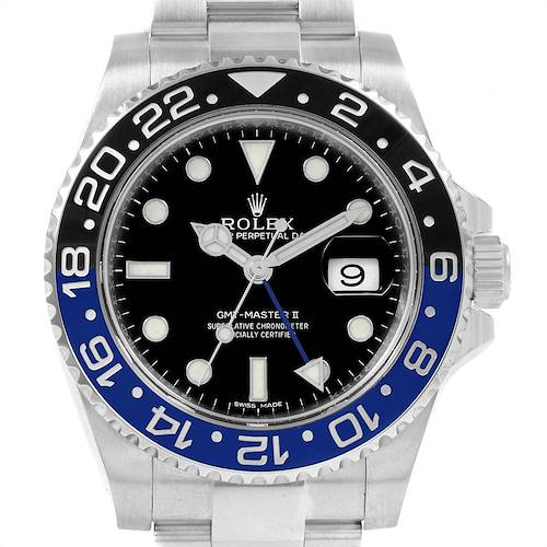 The image shows a front view of the Rolex GMT-Master 116710 Men's Stainless Steel Black Dial 116710 Men's Stainless Steel Black Dial II watch, highlighting the bezel, dial, hands, and date window.