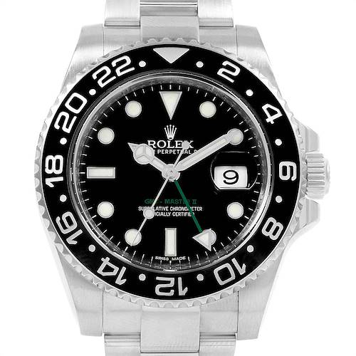 The image shows a front view of a Rolex GMT-Master 116710 Men's Stainless Steel Black Dial 116710 Men's Stainless Steel Black Dial II watch, highlighting its bezel, dial, and bracelet.