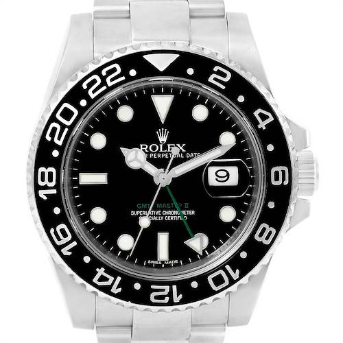The image shows a front view of a Rolex GMT-Master 116710 Men's Stainless Steel Black Dial 116710 Men's Stainless Steel Black Dial II watch, highlighting its bezel, dial, and bracelet.