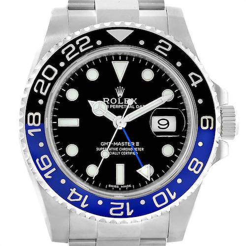 The image shows a front view of a Rolex GMT-Master 116710 Men's Stainless Steel Black Dial 116710 Men's Stainless Steel Black Dial II watch, highlighting its black dial, two-tone bezel, and date window.