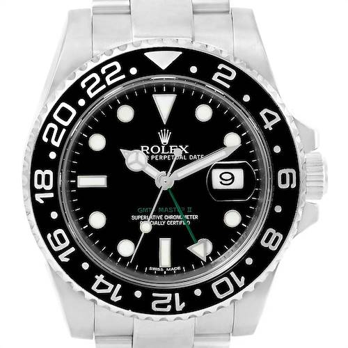 This is a straight-on view of the Rolex GMT-Master 116710 Men's Stainless Steel Black Dial 116710 Men's Stainless Steel Black Dial II watch showcasing its dial, bezel, crown, and bracelet.
