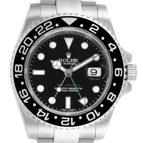 The Rolex GMT-Master 116710 Men's Stainless Steel Black Dial 116710 Men's Stainless Steel Black Dial watch is shown from the front, displaying the face, bezel, and part of the bracelet.