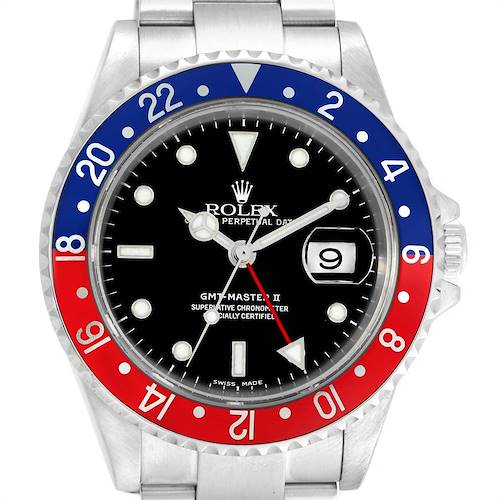 The image shows a front view of the Rolex GMT-Master 16710 Men's Stainless Steel Black Dial 16710 Men's Stainless Steel Black Dial II watch, highlighting its black dial and red-blue bezel.