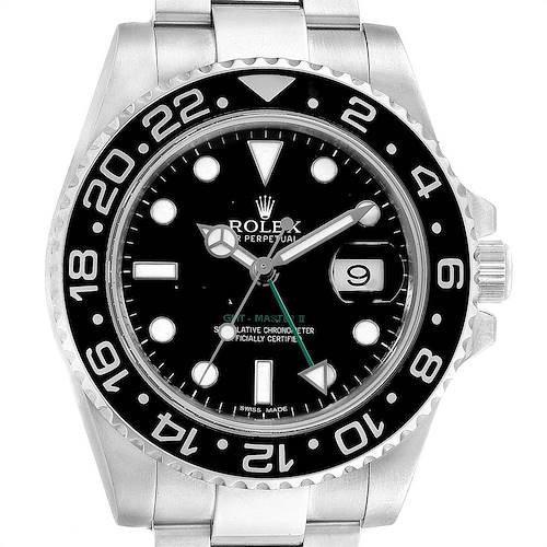 The image shows a front view of the Rolex GMT-Master 116710 Men's Stainless Steel Black Dial 116710 Men's Stainless Steel Black Dial II watch, highlighting the bezel, dial, hands, and bracelet.