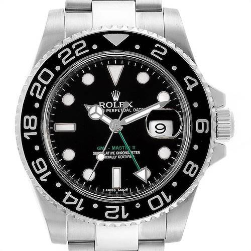 The image shows a close-up of the Rolex GMT-Master 116710 Men's Stainless Steel Black Dial 116710 Men's Stainless Steel Black Dial II watch face, bezel, and part of the bracelet.