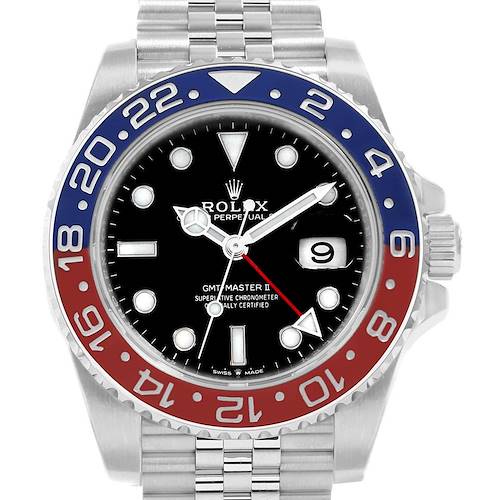The image shows a front view of a Rolex GMT-Master 126710 Men's Stainless Steel Black Dial 126710 Men's Stainless Steel Black Dial II watch, highlighting the bezel, dial, hands, and bracelet.