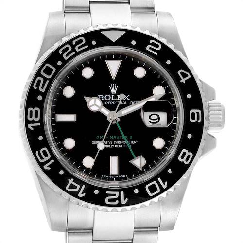 The image shows a front view of the Rolex GMT-Master 116710 Men's Stainless Steel Black Dial 116710 Men's Stainless Steel Black Dial II watch, highlighting its dial, bezel, and part of its bracelet.