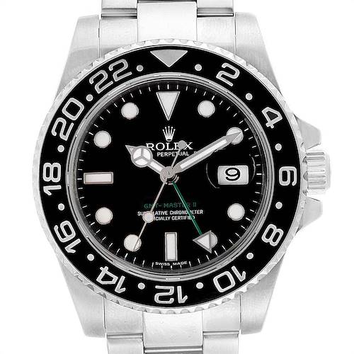 The image shows a frontal view of the Rolex GMT-Master 116710 Men's Stainless Steel Black Dial 116710 Men's Stainless Steel Black Dial II watch, displaying its face, bezel, and bracelet.