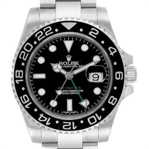 This image shows a Rolex GMT-Master 116710 Men's Stainless Steel Black Dial 116710 Men's Stainless Steel Black Dial II watch from a front angle, highlighting the face, bezel, and bracelet.