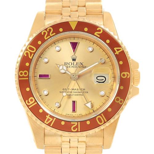 The image shows a front view of a gold Rolex GMT-Master 16758 Men's Yellow Gold Champagne Dial 16758 Men's Yellow Gold Champagne Dial watch featuring a red and gold bezel and gold bracelet.