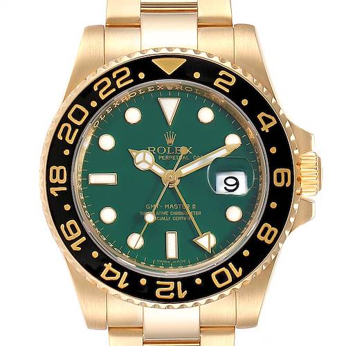 This image shows a front view of the Rolex GMT-Master 116718 Men's Yellow Gold Green Dial 116718 Men's Yellow Gold Green Dial II watch, displaying its face, bezel, and part of the bracelet.