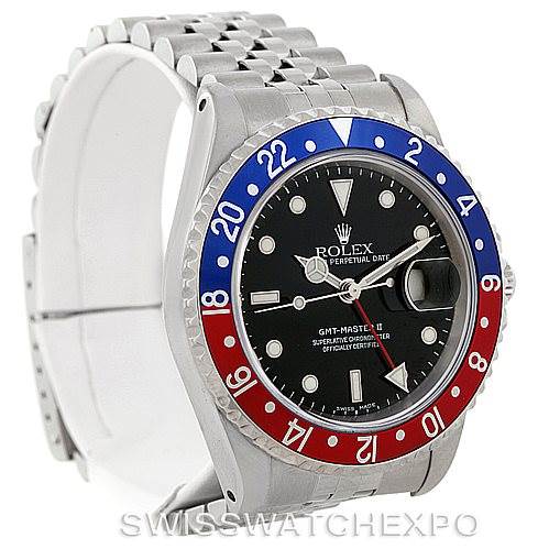The image shows a Rolex GMT-Master 16710 Men's Stainless Steel Black Dial 16710 Men's Stainless Steel Black Dial II watch angled to display the bezel, face, and part of the bracelet.