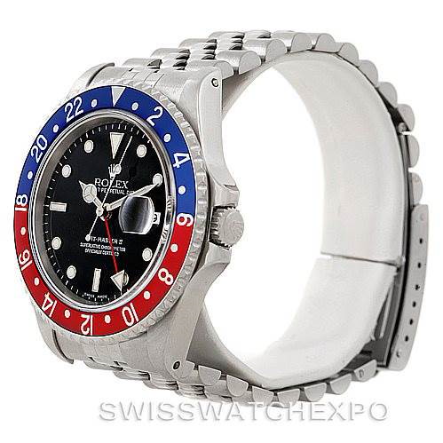 The image shows a side and front angle of a Rolex GMT-Master 16710 Men's Stainless Steel Black Dial 16710 Men's Stainless Steel Black Dial watch, highlighting its bezel, dial, and bracelet.