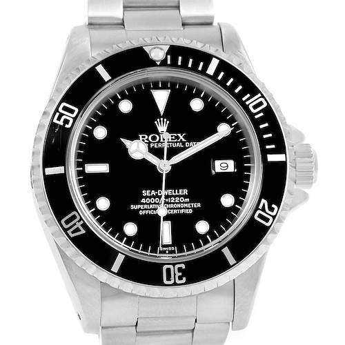 The image shows the front view of the Rolex Sea-Dweller 16600 Men's Stainless Steel Black Dial 16600 Men's Stainless Steel Black Dial watch, focusing on its dial, bezel, and bracelet.