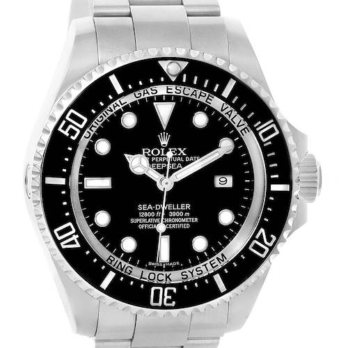 The image shows a front view of the Rolex Sea-Dweller 116660 Men's Stainless Steel Black Dial 116660 Men's Stainless Steel Black Dial watch, highlighting the dial, bezel, and part of the bracelet.