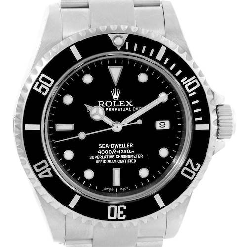 The image shows a front view of the Rolex Sea-Dweller 16600 Men's Stainless Steel Black Dial 16600 Men's Stainless Steel Black Dial watch, highlighting its face, bezel, and part of the bracelet.