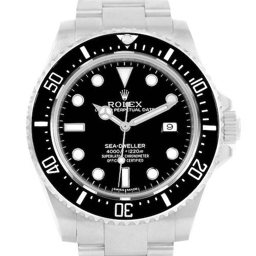 The image shows a front view of the Rolex Sea-Dweller 116600 Men's Stainless Steel Black Dial 116600 Men's Stainless Steel Black Dial watch displaying the face, bezel, crown, and part of the bracelet.