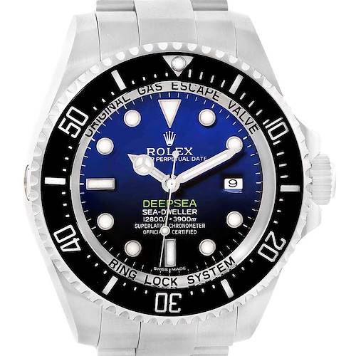 The Sea-Dweller Rolex watch is shown from a front view, displaying its face, bezel, and part of the bracelet.