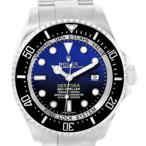 The Rolex Sea-Dweller 116660 Men's Stainless Steel Blue Dial 116660 Men's Stainless Steel Blue Dial watch is shown from a front angle, displaying its face, bezel, crown, and bracelet.