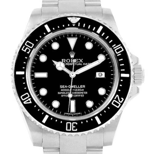 This image shows a front view of the Rolex Sea-Dweller 116600 Men's Stainless Steel Black Dial 116600 Men's Stainless Steel Black Dial watch, displaying the dial, bezel, crown, and part of the bracelet.