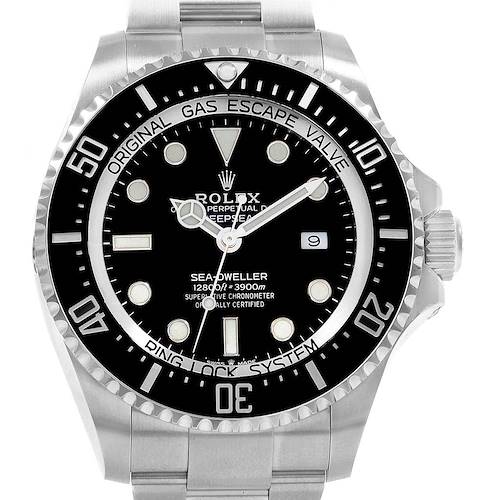 This image shows a front view of the Rolex Sea-Dweller 126660 Men's Stainless Steel Black Dial 126660 Men's Stainless Steel Black Dial watch, highlighting its dial, bezel, and bracelet.