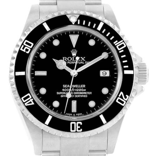 The image shows a front view of the Rolex Sea-Dweller 16600 Men's Stainless Steel Black Dial 16600 Men's Stainless Steel Black Dial watch, highlighting its dial, hands, bezel, and part of the bracelet.