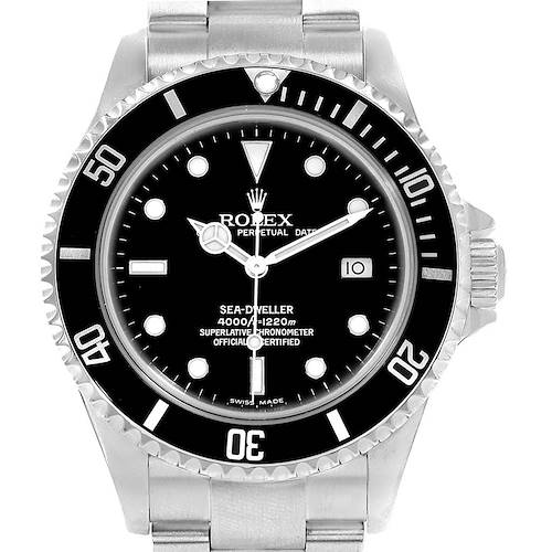 This image shows a front view of the Rolex Sea-Dweller 16600 Men's Stainless Steel Black Dial 16600 Men's Stainless Steel Black Dial watch, highlighting its dial, bezel, and part of the bracelet.