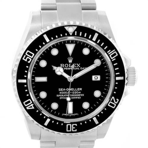 The image shows a front view of the Rolex Sea-Dweller 116600 Men's Stainless Steel Black Dial 116600 Men's Stainless Steel Black Dial watch, highlighting its black dial, bezel, and stainless steel bracelet.