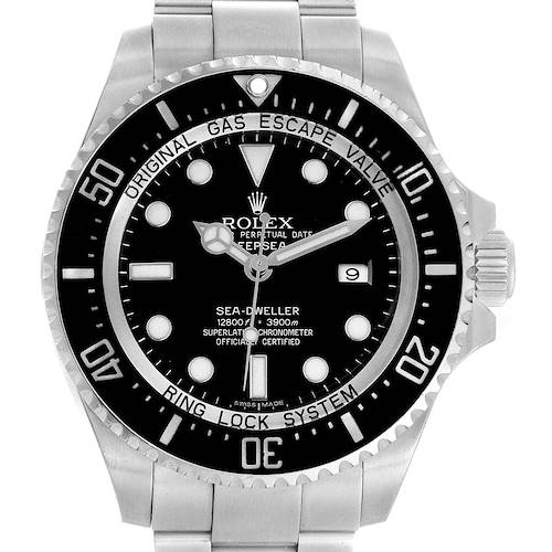 The image shows a front view of the Rolex Sea-Dweller 116660 Men's Stainless Steel Black Dial 116660 Men's Stainless Steel Black Dial watch, displaying its dial, bezel, crown, and part of its stainless steel bracelet.
