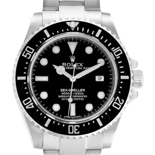 This image shows a front view of the Rolex Sea-Dweller 116600 Men's Stainless Steel Black Dial 116600 Men's Stainless Steel Black Dial watch, highlighting the dial, bezel, and bracelet.