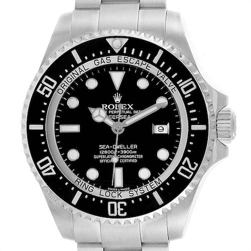 The image shows a frontal view of the Rolex Sea-Dweller 116660 Men's Stainless Steel Black Dial 116660 Men's Stainless Steel Black Dial watch, highlighting the dial, bezel, and part of the bracelet.