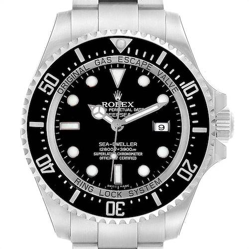This image shows a front view of a Rolex Sea-Dweller 116660 Men's Stainless Steel Black Dial 116660 Men's Stainless Steel Black Dial watch, highlighting the dial, bezel, and stainless steel bracelet.