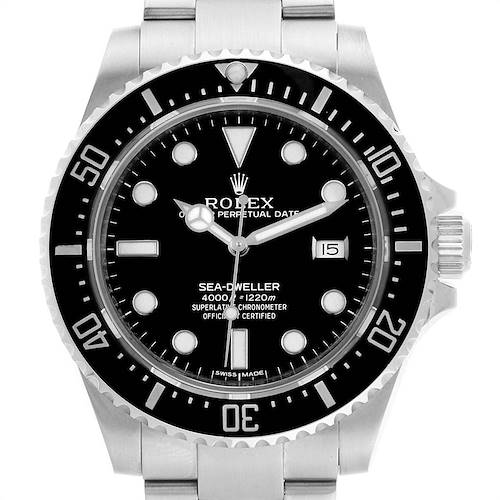 The image shows a front view of a Rolex Sea-Dweller 116600 Men's Stainless Steel Black Dial 116600 Men's Stainless Steel Black Dial watch, highlighting the dial, bezel, and part of the bracelet.