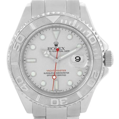 This image shows the face and bezel of a Rolex Yacht-Master 16622 Men's Stainless Steel Silver Dial 16622 Men's Stainless Steel Silver Dial watch taken from the front angle.