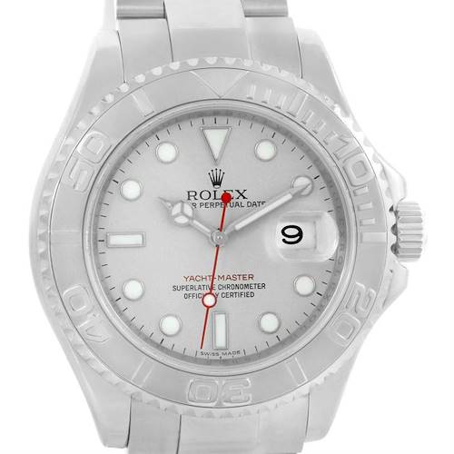 The image shows a front view of the Rolex Yacht-Master 16622 Men's Stainless Steel Silver Dial 16622 Men's Stainless Steel Silver Dial watch, highlighting the dial, bezel, and crown.
