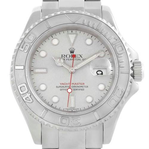 The image shows a front view of the Rolex Yacht-Master 16622 Men's Stainless Steel Silver Dial 16622 Men's Stainless Steel Silver Dial watch, displaying the face, bezel, hands, and part of the bracelet.