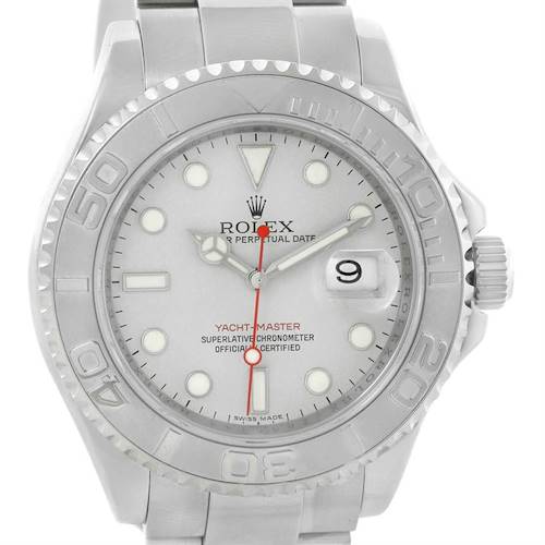 This image shows the Yacht-Master model by Rolex from a front angle, highlighting the dial, bezel, and bracelet.
