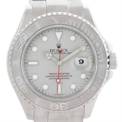 The image shows a front view of a Rolex Yacht-Master 16622 Men's Stainless Steel Silver Dial 16622 Men's Stainless Steel Silver Dial watch, displaying the dial, bezel, crown, and part of the bracelet.