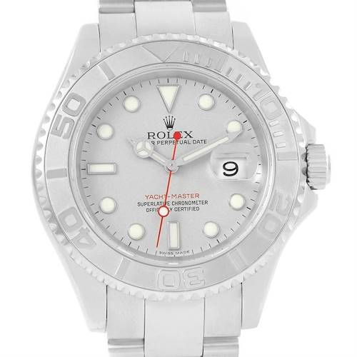 The image shows a front view of a Rolex Yacht-Master 16622 Men's Stainless Steel Silver Dial 16622 Men's Stainless Steel Silver Dial watch, highlighting its dial, bezel, and bracelet.